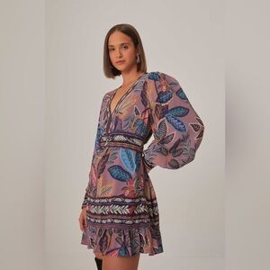 Farm Rio Lavender Wild Night Long Sleeve Mini Dress - Small - New